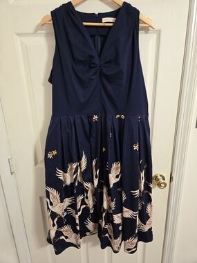 Navy Sleeveless Crane Bird Print Fit-and-Flare Dress Pin Up Size 2XL
